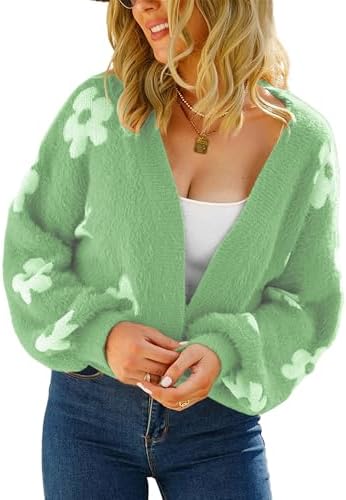 ECOWISH Women Floral Cropped Cardigan: Fall Long Sleeve Button Down Fuzzy Heart Print Knit Sweaters Casual Y2k Outerwear