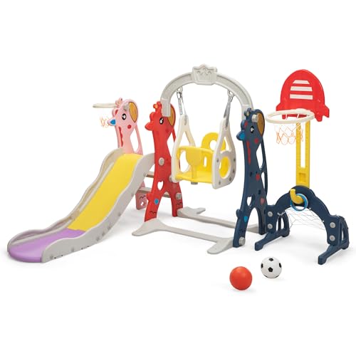 Image of Neekoy 6-in-1 Toddler Slide and Swing Set for Kids, Toddler Swing with Basketball Hoop, Suitable for Outdoor Indoor Playground for Kids Age 1+, Red and Yellow