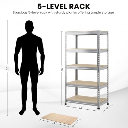 Image of Robustt 5-Tier Multipurpose Storage Rack | Bolt-Free Assembly | Metal Stand with Thick MDF Board | 175kg Capacity Per Shelf | 63 x 24 x 12 in Adjustable Shelf Rack for Home, Garage & Shop | Silver