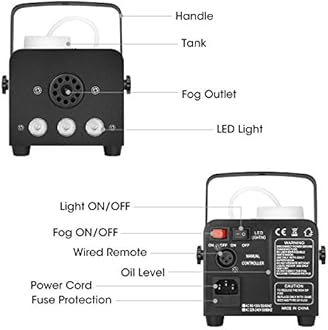 Halloween Fog Machine with Lights - 3 Stage LED Lights with 12 Colors & Strobe Effect for Party Wedding Holiday Christmas - Fansteck 500W Upgraded Wireless Remote Potable Smoke Mach (500W-Metal Black)