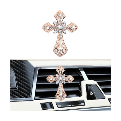 Image of Bling Cross Car Air Vent Clip, Crystal Rhinestone Sparkling Vehicle Air Conditioner Outlet Clamp Charm, Dazzling Diamond Automotive Vent Decoration Clip, Universal Fit (Golden)