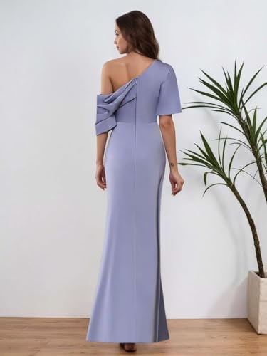 Image of Mermaid Satin Mother of The Bride Dresses for Women Elegant One Shoulder Ruffle Long Formal Evening Gown