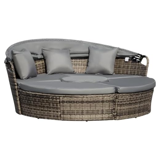Outsunny 4pc Rattan Patio Furniture Set, Round Convertible Daybed or Sunbed, Adjustable Sun Canopy, Sectional Outdoor Sofa, 2 Chairs, Table, 3 Pillows, PE Plastic Wicker, Gray