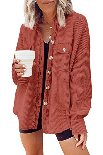 Yanekop Shackets for Women 2025 Waffle Knit Tops Long Sleeve Button Down Shirt Fall Jackets Outfits Corduroy Jacket(Brick Red,M)