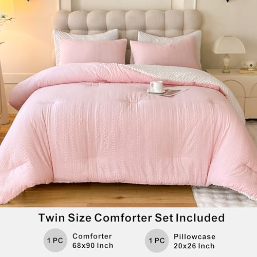 Image of tohrisa Boho Comforter Set Twin Size Striped Pleats Bohemian Seersucker Bedding Set All Season Soft Cozy 2 Pieces Quilt with 1 Pillowcase(68 inchX90 inch Blush Pink)