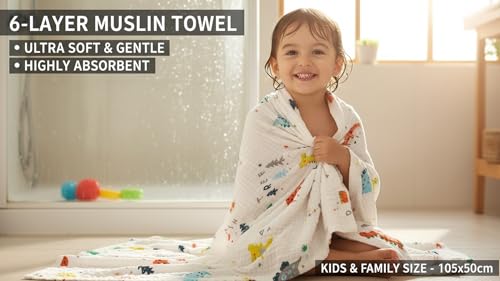 Image of Muslin Bath Towel for Babies - 6 Layer Premium Cotton, Super Soft, Breathable & Highly Absorbent, Gentle on Sensitive Skin for Kids Boys and Girls(105 * 50 CM, Dinosaurs)