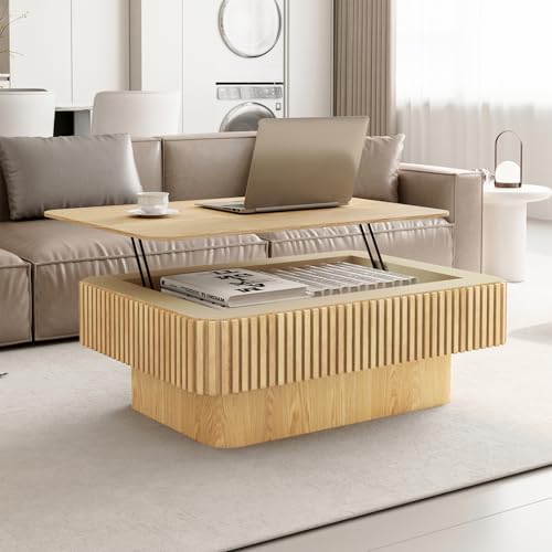 LKTART Lift Top Coffee Table for Living Room, Mid Century Modern Coffee Table with Hidden Storage, Solid Wood Veneered Rectangle Center Tea Table for Small Space Apartment (38.6''L×14''H-Natural)