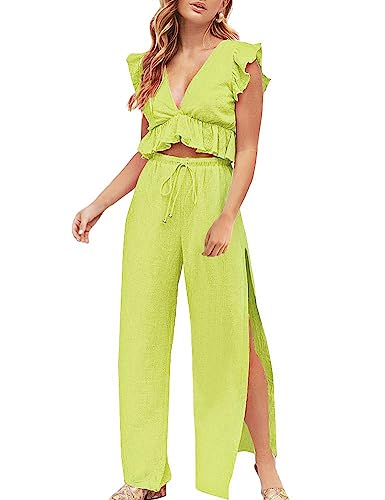 FANCYINN Womens 2 Pieces Outfits Deep V Neck Crop Top Side Slit D...