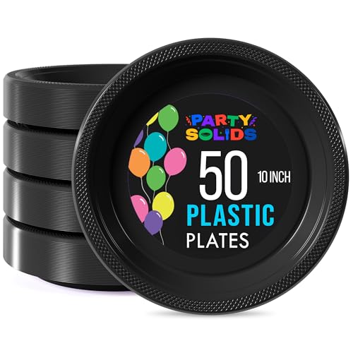 Exquisite Party Solids Black Plastic Plates For Party Supplies 10" Black Disposable Plates Heavy Duty 50 Pcs Plastic Dinnerware Sets Heavy Duty 350 GSM Disposable Dinnerware Set