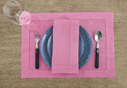 Solino Home Linen Placemats Flamingo Pink – 100% Pure Linen Classic Hemstitch Placemats 14 X 19 Inch – Machine Washable Placemats Set Of 4 – Handcrafted From European Flax #TOP1