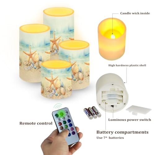 Image of Flameless Candles Battery Powered LED Candles with Remote Timer Color Changing Control Long Lasting for Indoor Outdoor Home Coastal Decoration Pack of 4, Starfish Seashell Painting