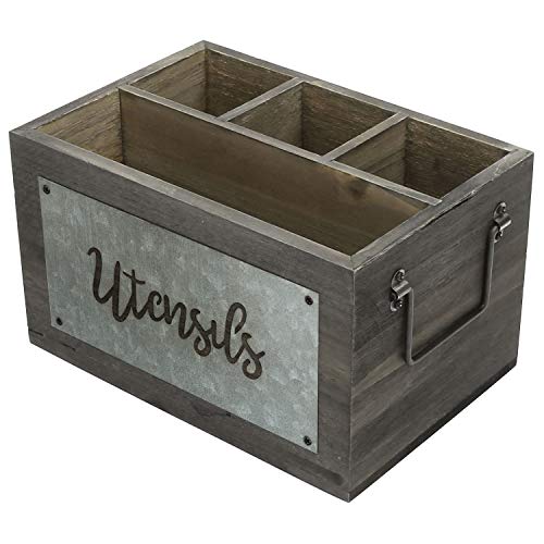 Mygift Vintage Gray Solid Wood Utensil And Napkin Holder Serving Caddy With Rustic Handles And Galvanized Panel With Utensils Cutout Design #TOP4