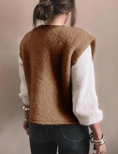 Yimoon Women Fleece Sweater Vest Cropped Button Down Sleeveless Knit Gilet Fashion Winter Outerwear with Pockets XS-L3