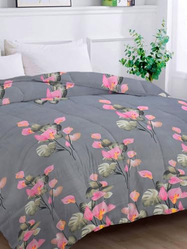 Image of HOMEKART 220 GSM Premium Reversible Microfiber AC Comforter for Single Bed | Soft, Lightweight & Breathable All-Season 3-Layer Quilted Blanket (150 cm x 225 cm, Floral, Grey and Pink)