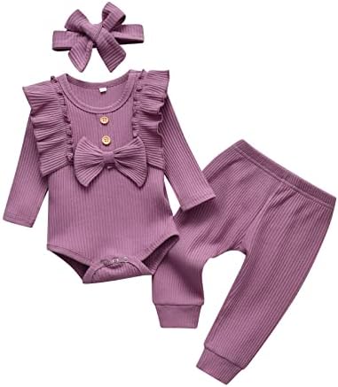 Kulcerry Newborn Infant Baby Girl Clothes Solid Color Bow Ribbed Long Sleeve Romper Pants Headband Outfits Set (Purple,0-3 Months)