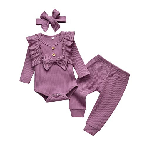 Image of Kulcerry Newborn Infant Baby Girl Clothes Solid Color Ribbed Long Sleeve Romper Pants Headband Outfits Set