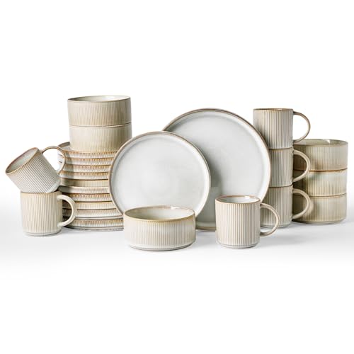 Image of Famiware Star Dinnerware Set with Mugs, Service for 6 (24 Pieces), Ribbed Stoneware Plates and Bowls Dishes Sets - Chip & Scratch Resistant, Microwave & Dishwasher Safe, Cappuccino White