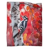 kaiyun Picchio Coperta Super Morbida Perched on A Birch Tree with Red Foglie in The Background...