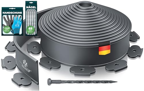 KESSER® Flexible Rasenkante aus Kunststoff Länge 10m Höhe 5cm, mit 65 Erdanker + 1 Paar Handschuhe Beeteinfassung Beetumrandung Beetbegrenzung...