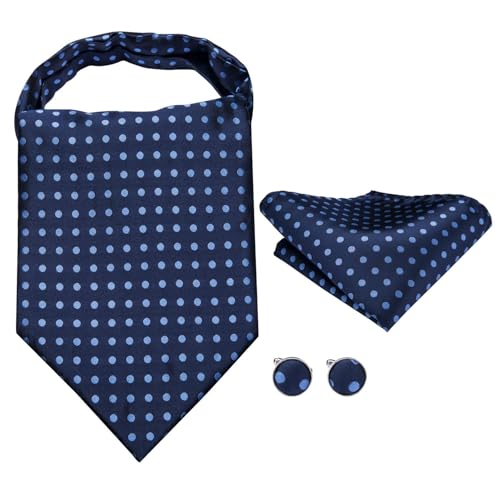 Image of Hi-Tie Silk Ascot for Men Self Tie Men's Cravat and Flower Lapel Pin Handkerchief Cufflinks Set for Wedding Party