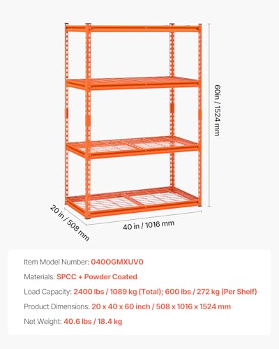 Image of VEVOR Storage Shelves, 2400 lbs, 4 Tier Heavy Duty Garage Shelving, 20 inch D x 40 inch W x 60 inch H Adjustable Metal Shelves for Industrial Shelving Unit Utility Shelf, for Kitchen, Warehouse, Basement, Orange