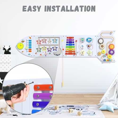 Image of Spacocld Rocket Activity Wall Busy Board Panels - Sensory Wall Panel for Kids, Montessori Toddler Wall Activity Board, Wall Toys for Toddlers 3, Activity Cube, Wooden Boards, White Grey(4PCS)