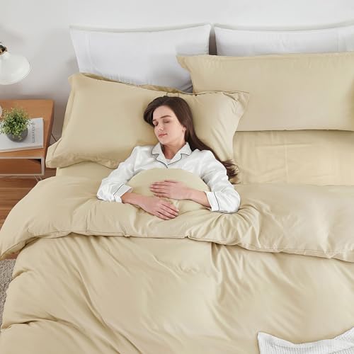 Image of Hearth & Harbor Beige Cream Duvet Cover with Fitted Sheet Cal King Size | 4 Piece Soft Double Brushed Bedding Set, Button Closure, 1 Duvet Cover 104x98 Inches, 1 Fitted Sheet, 2 Pillow Shams