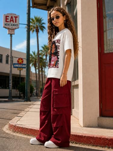 Image of Tween Girls Clothes Short Sleeve Graphic T-Shirt Top + Cargo Pants 2pcs Outfit Set, Size 7-15Years