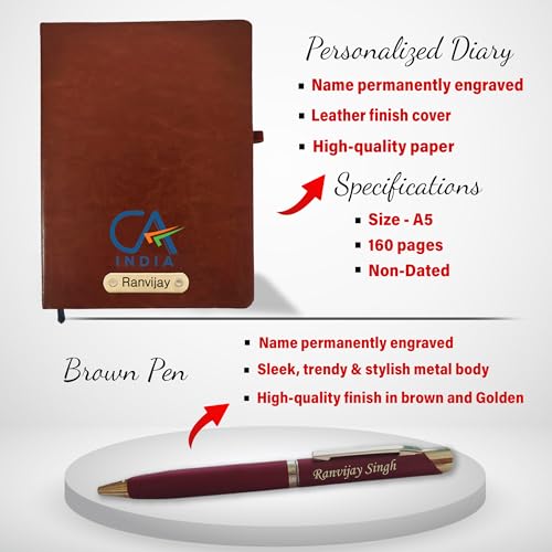 Image of SAVRI Personalized Chartered Accountant's Combo-CA Pen Stand, CA Logo Pen & Black Diary with Engraved Logo & Name Thoughtful Gifts for Financial Professionals. (Brown)