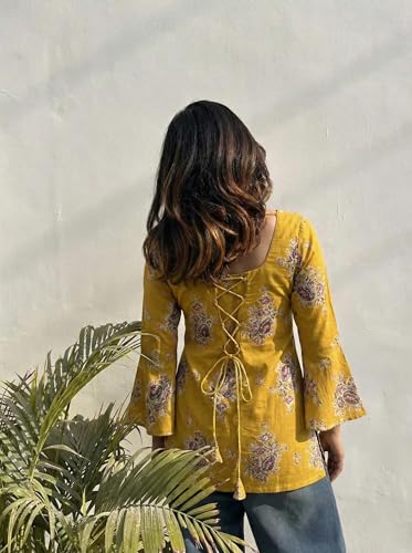 Image of ANNI Designer Women's Viscose Blend Printed Short Kurti | Straight Fit Ethnic Top with Square Neck | Bell Sleeve Indian Kurta for Office College, Party