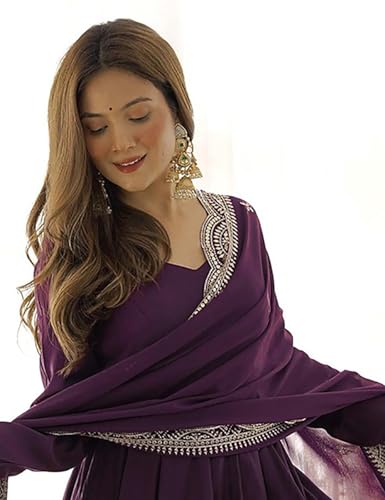Image of Women Georgette Anarkali Gown with Dupatta Floor Length Dress, Elegant Flared Maxi Dress Full Sleeve Sweetheart Neck Embroidered Long Frock Stylish Ethnic Gown