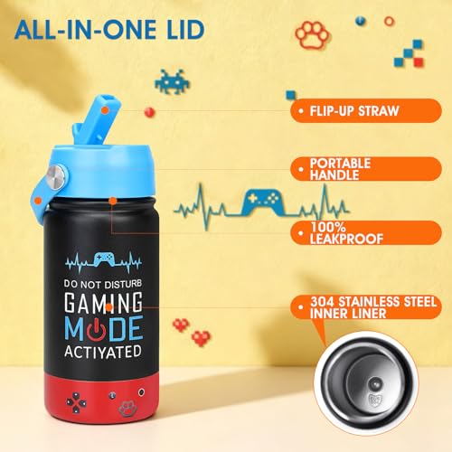 Image of Kids Insulated Water Bottle with Straw Lid, 14oz Double Wall Vacuum Stainless Steel Tumbler, Leak Proof Reusable Metal School Cup for Boys Girls, Keep Cold 24H Hot 12H (Blue-Red-A)