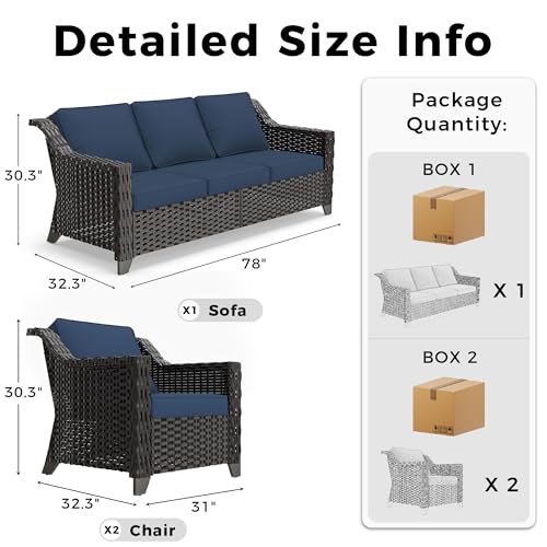 Image of 3 Piece Patio Furniture Set, Wicker Outdoor Conversation Set | Patio Chair Set with Olefin Removable Cushion, All-Weather Outdoor Couch with Deep Seat for Porch, Deck and Backyard, Blue