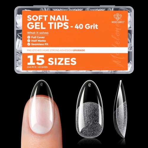 Image of Modelones Almond Nail Tips, 240PCS Pre-Etched 40 Grit Half Matte Clear Full Cover Soft Gel Nails Tips, 15 Sizes Medium Almond Fake Nail Tips for DIY Extensions Press On Nails for Women