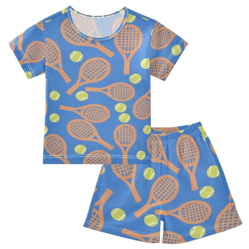 ALAZA Tennis Ball Blue Pajamas Set Short Sleeve Cotton Sleepwear Summer Pjs 2 Piece 5-14Y