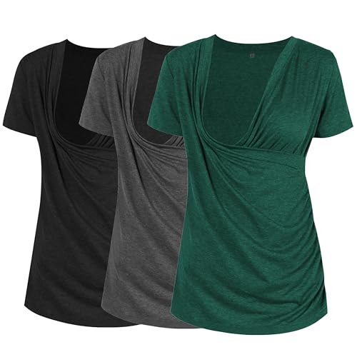 Image of Liu & Qu Women's Maternity Nursing Tops, Layered Wrap for Breastfeeding, V-Neck Short Sleeve Tee Shirts 3 Packs
