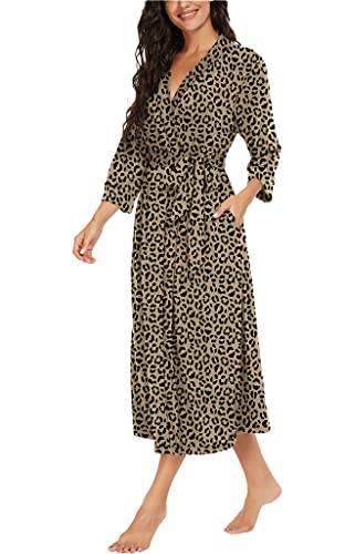 Vintatre Women Kimono Robes Long Knit Bathrobe Lightweight Soft Knit Sleepwear V-Neck Casual Ladies Loungewear Fp-Leopard Khaki-Large #TOP1