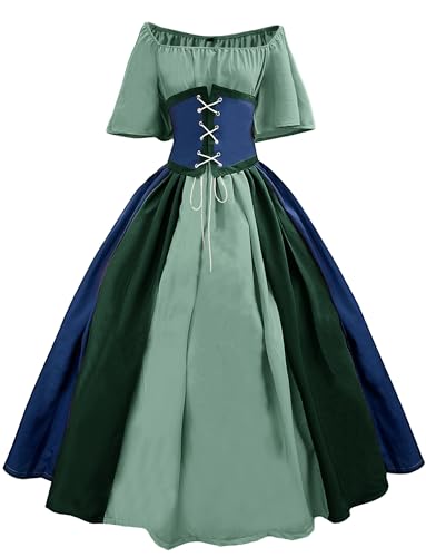 SEAUR Renaissance Kleid Damen Mittelalter Kleid Schulterfreie Kostüme mit Hüftgürtel Viktorianisches Kostüm für Party Festlich Grün XL