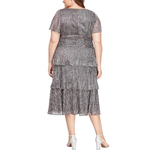 Image of S.L. Fashions Women's Short Sleeve Tea Length V-Neck Mother of The Bride Dress with Ruched Waist, Wedding Guest (Plus Size)