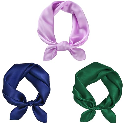 MESU Foulard en Soie Carré Satin Pour Femmes - Col et Tête - Violet, Vert Encre, Bleu