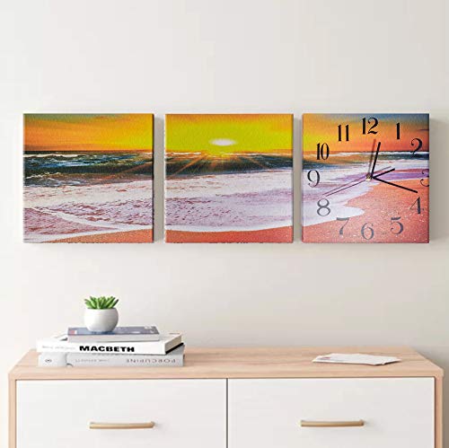 Wall Art Simple Modern 3 Piece Wall Clock - Square Home Decoration Canvas Framed Art - Beach Themed Painting with Sunset for Living Room (12" x 12") - Image 4