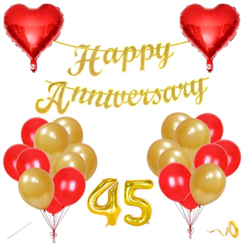 Image of Flyloons 45th Happy Anniversary Decoration Items Red Gold for Men Women Husband Wife Mom Dad Parent Couple Home Bedroom Car With 20 Pcs Metallic Balloons Anniversary Banner 2 Pcs Heart Set Kit