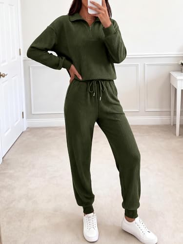 BTFBM Women's 2 Piece Tracksuit Spring Outfits 2026 Long Sleeve Half Zip Sweatshirt Sweatpants Lounge Set Sweatsuits(Solid Army Green,X-Large) — view 3