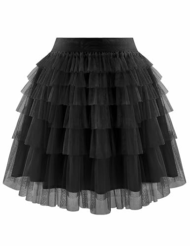 Bbonlinedress Jupe Tulle Étagée Mi-Longue Femme Jupe à Volants Élégante pour Bal Soirée Vacances Cérémonie Sortie Taille Élastique Black S