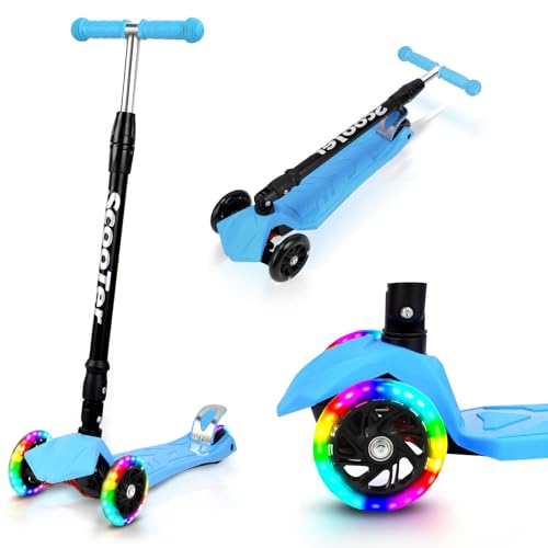 Hebitod Patinete para niños a partir de 3 años con ruedas LED, patinete plegable para niños de 3 a 16 años, altura regulable en 4 posiciones, 66 – 88 cm, ruedas de poliuretano, dirección de