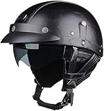 Casco Abierto De Piel, Medio Jet Casco con Visera, Vintage Style Cascos Half-Helmet Homologado Dot/ECE, Ciclomotor Casco para Mujer Y Hombre Adultos, para Cruiser Moped Scooter 1,M=57-58CM