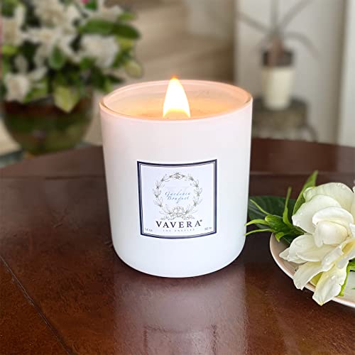 Vavera Gardenia Bouquet Long Burning Wooden Wick Natural Soy Luxury Candles (11Oz / 65 Hr/Matte White Jar) Smells Like Actual Fresh Gardenia. Vegan Soy Candles Hand-Crafted In The Usa. #TOP2