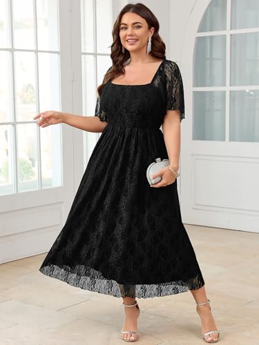 SCOMCHIC Women's Plus Size Wedding Guest Dress Formal Lace Square Neck Short Sleeve Smocked Flowy Cocktail Maxi Dresses3
