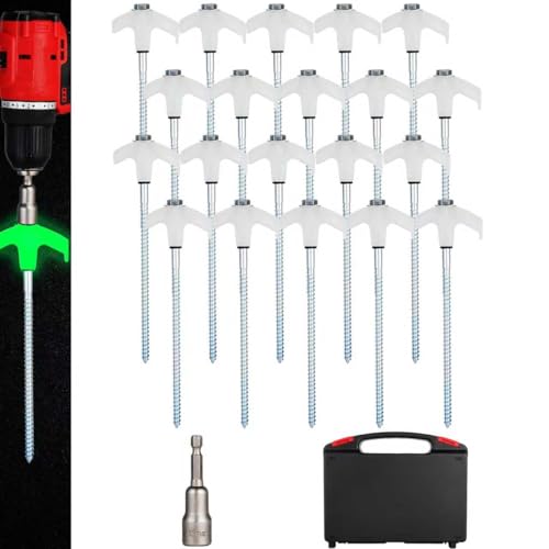 20 Pack Screw in Tent Stakes Heavy Duty,8 ’’ Ground Anchors Screw in,Metal Stakes with Hex Head Driver and Sturdy Storage Box. (20, Luminous White)
