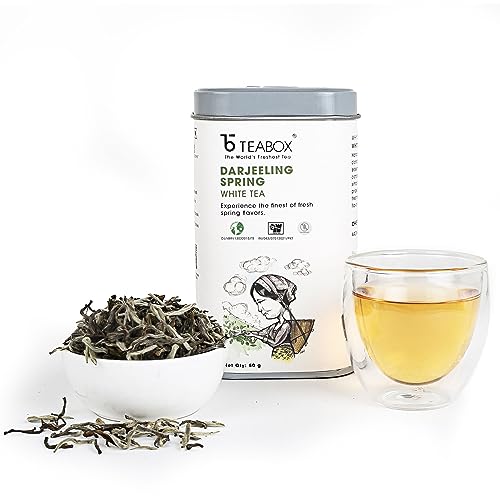 Teabox Premium Fresh High Grown Darjeeling Special Spring White Tea | White Tea Blend of Floral-Fruity Aromas and A Silken Texture | Organically Grown & Sourced from Highlands of Darjeeling | Loose Leaves 50G |